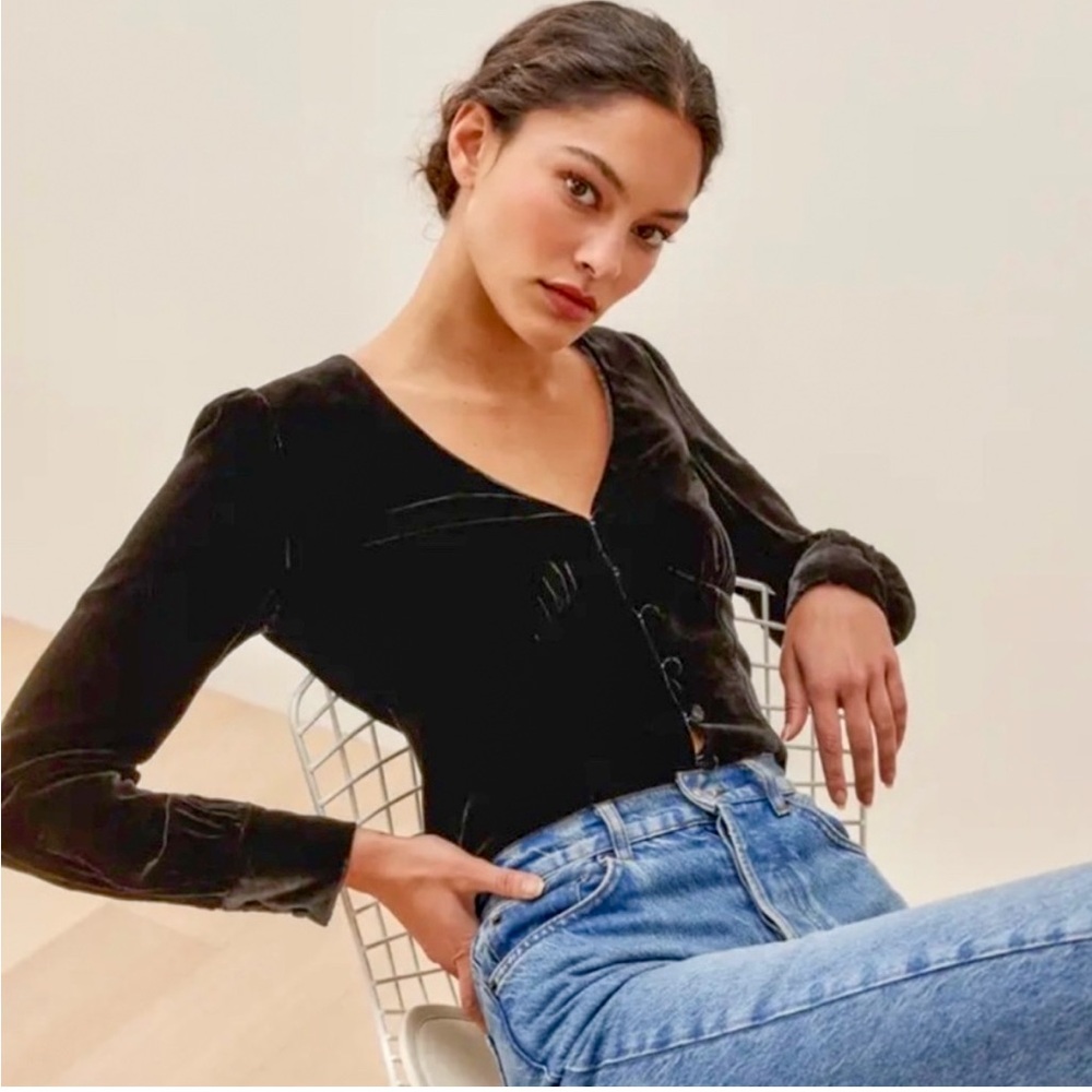 Reformation Black Velvet Seraphine Top Size 6